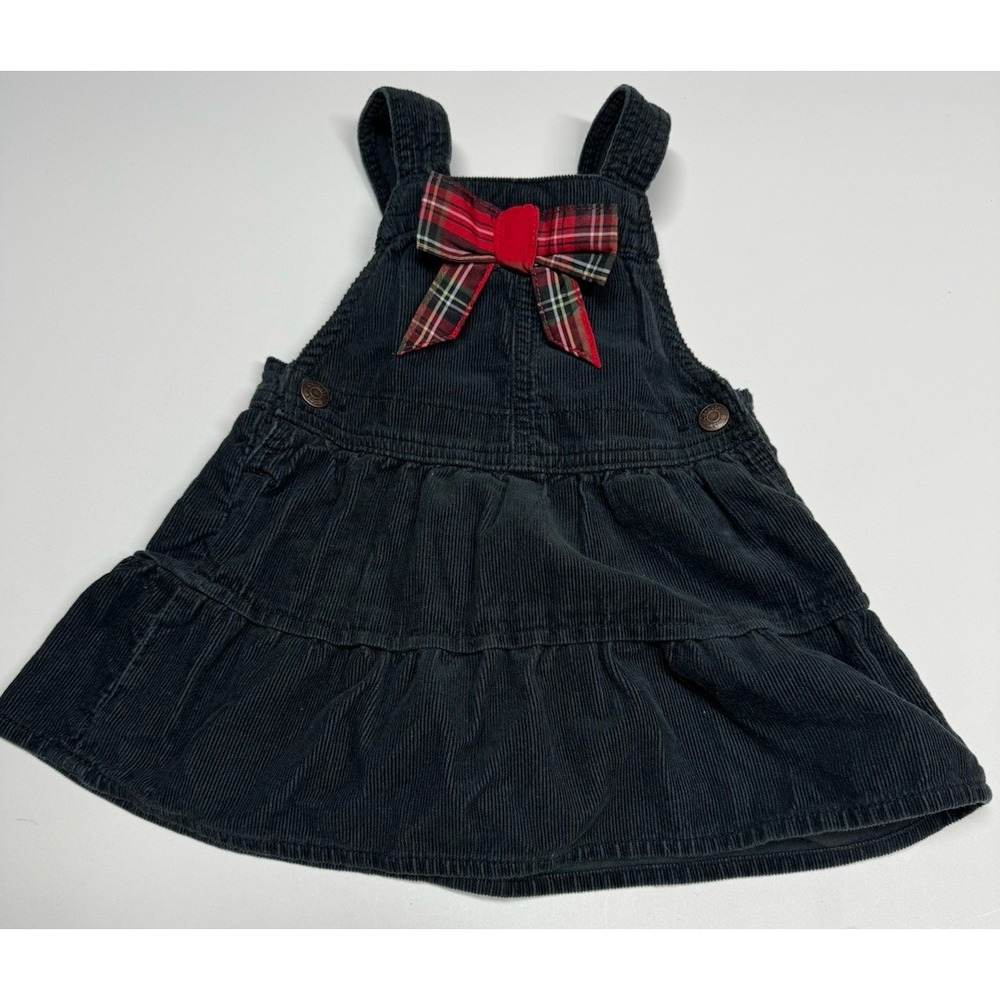 Vtg OshKosh BGosh Corduroy Jumper Dress Black‎ Plaid Bow Size 18 Months